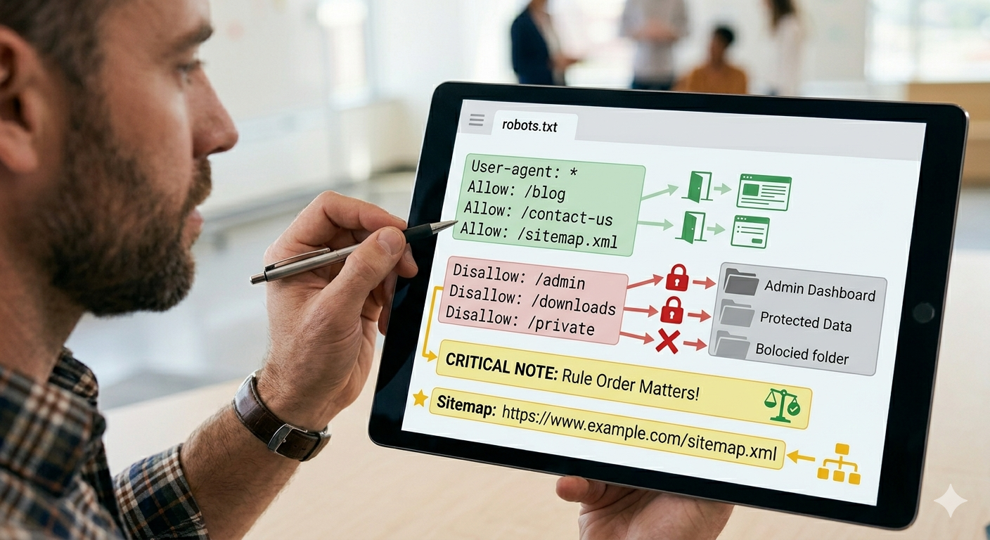 An explanatory image showing a robots.txt allow/deny setup that keeps important pages crawlable while blocking noise.
