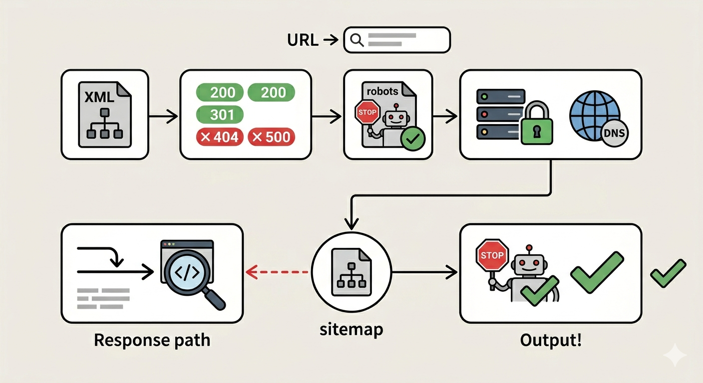 A practical diagnostic diagram showing live sitemap XML, response status, robots file, and final host validation in sequence.