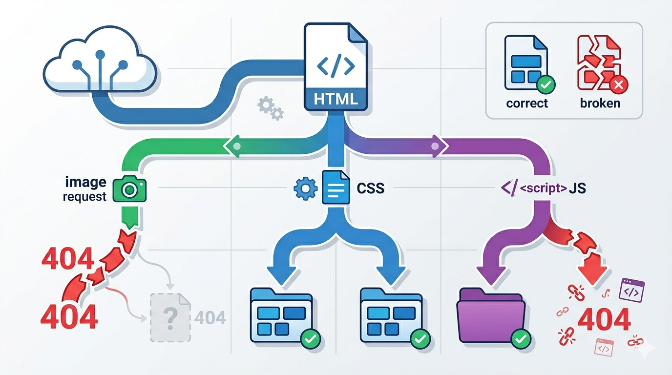 A route diagram showing an HTML page branching into image, CSS, and JS requests, with one broken branch and one correct branch.